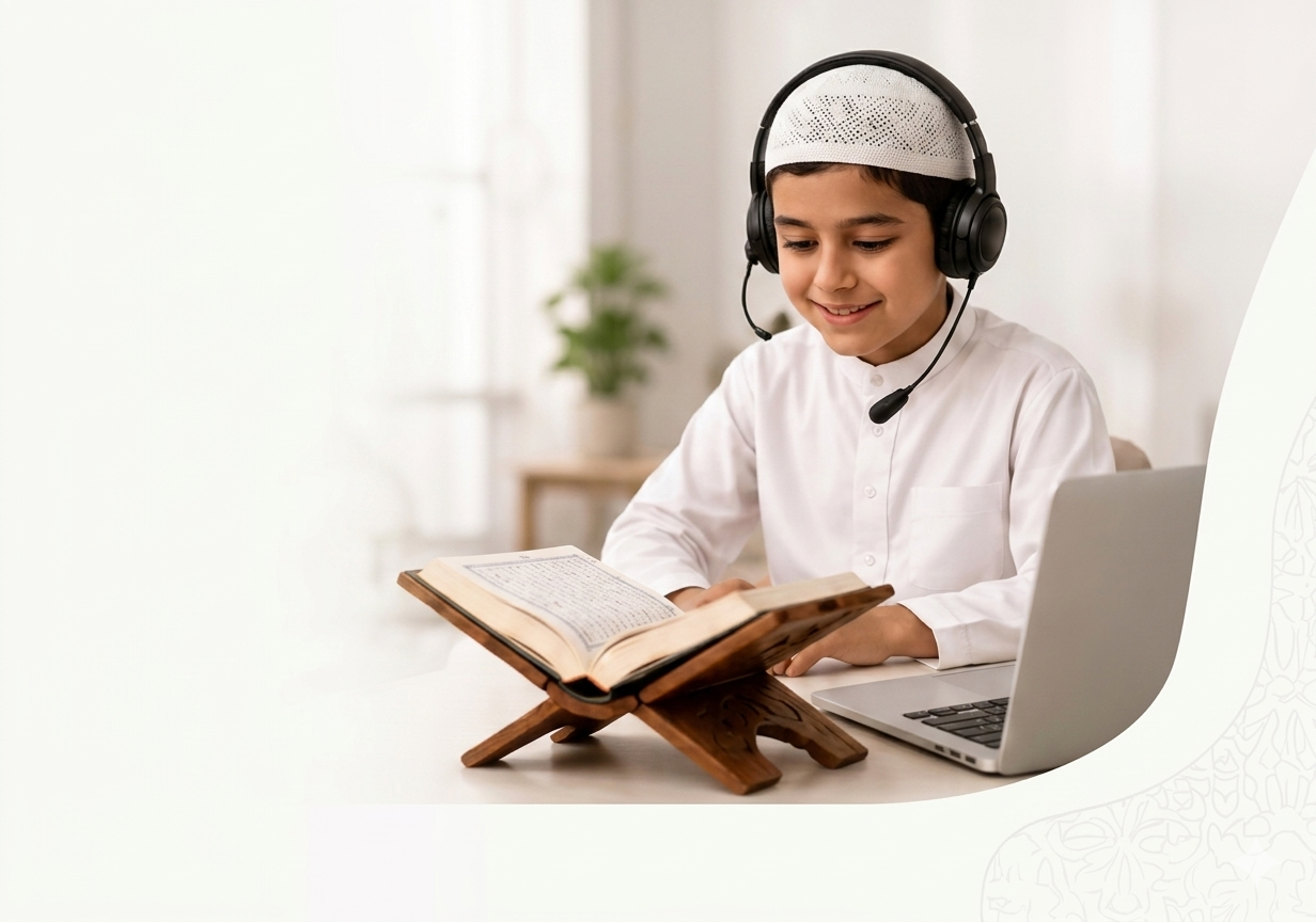 Student learning Quran online with headphones